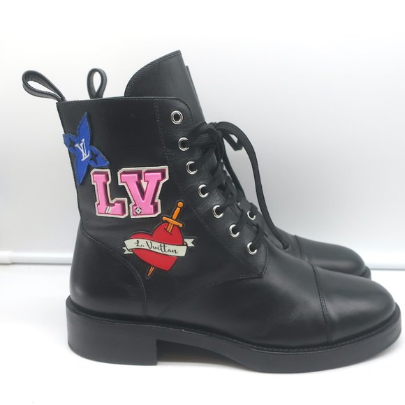 Louis Vuitton Shoes - LOUIS VUITTON RANGER BOOTS WITH PATCHES BLACK LEATHER SIZE 40 FLAT COMBAT BOOTS